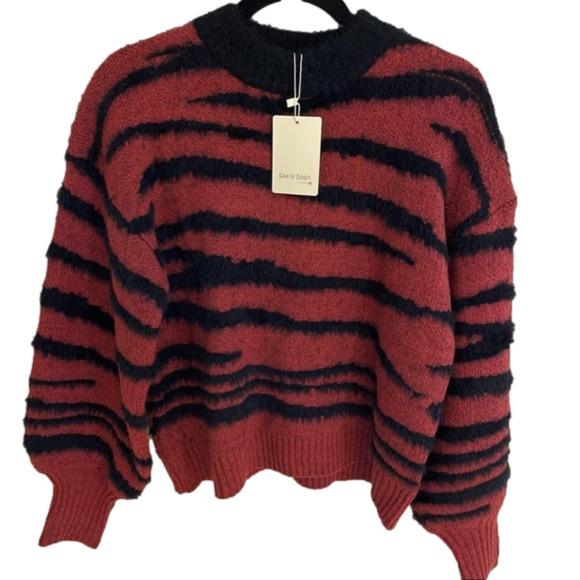 See U Soon Crewneck Tiger Print Eyelash Drop Shoulder  Balloon Sleeve … - Picture 1 of 10